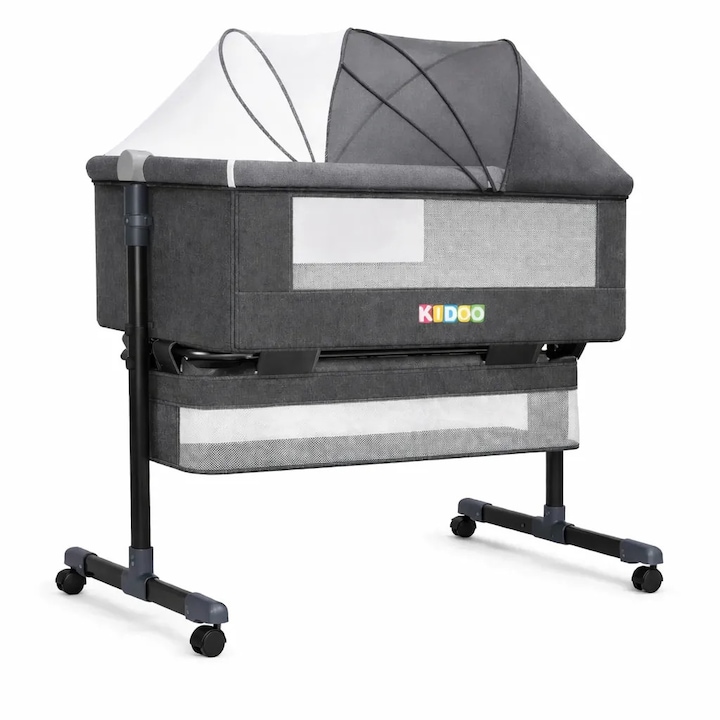 Patut Reglabil 6 in 1 AT PERFORMANCE® pentru Bebe – Leagan, Patut de Calatorie, Cos Depozitare, Plasa Tantari, Saltea Moale, Roti 360°, Gri