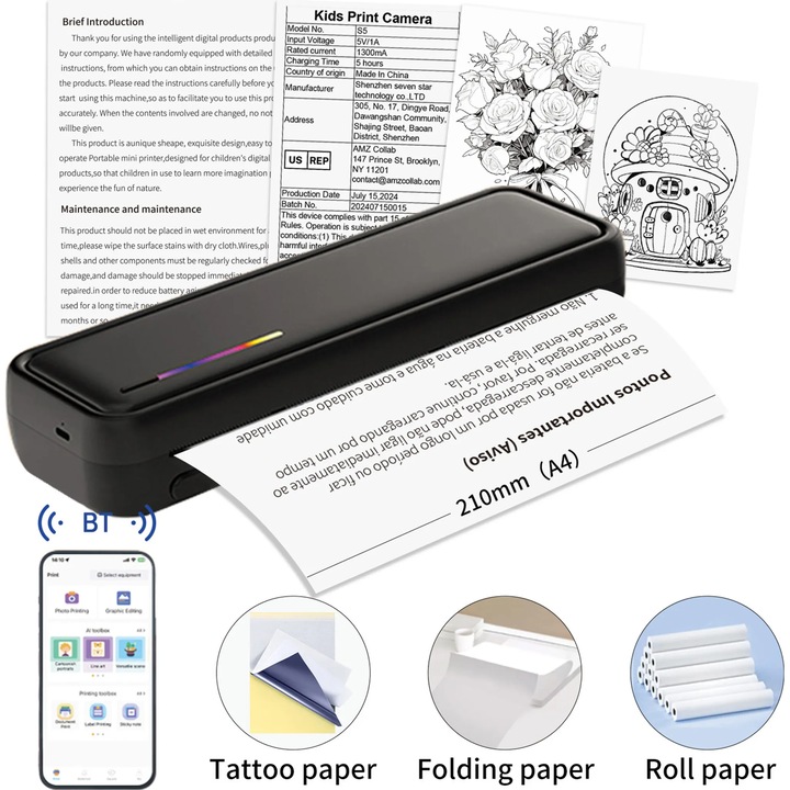 Imprimanta Termica Portabila A4 VALA X9, Bluetooth, USB, Compatibila iOS/Android/Windows/MAC, Printare termica directa fara tus, Aplicatie Tiny Print APP, Acumulator 2500 mAh, Negru