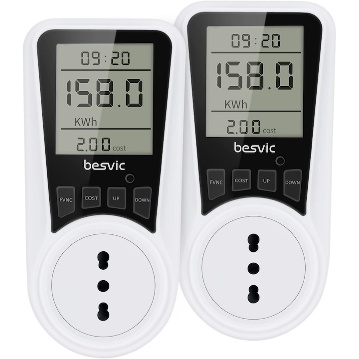 Комплект 2 контакта с електромер Besvic, 3680W, 16A, италиански щепсел, LCD дисплей, 7 режима на следене на консумацията, защита от претоварване, бял цвят