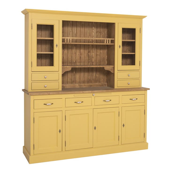 Bufet cu 4 usi, 4 sertare BAS+2 usi sticla, 4 sertare, spatiu deschis SUP, culoare blat maro P001, culoare exterior galbena P050, culoare interior maro P001, dublu color, 100% lemn masiv, 180x197x50 cm