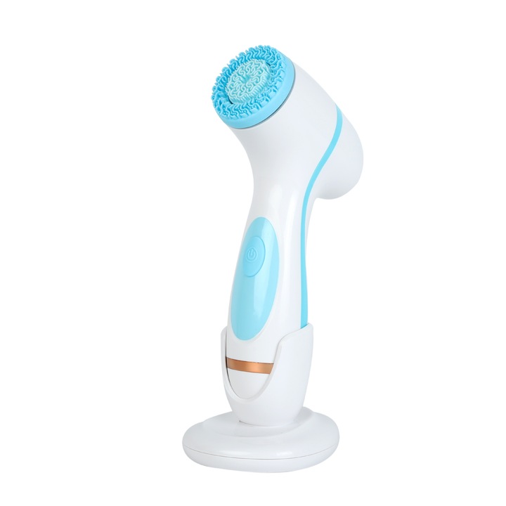 Aparat de curatare faciala, reglare cu 2 viteze, 3 capete de inlocuire multifunctionale, functie ultrasonica, baterie 500mah, incarcare USB, albastru