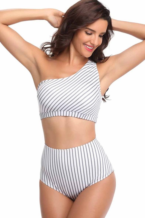 Fürdőruha, kétrészes szett, kényelmes modell, bustier melltartó és magas derekú bugyi, csíkos minta, nyári öröm téma, EFAYN, Fehér/Szürke