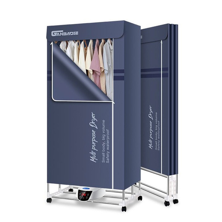 Сушилня за дрехи с UV стерилизация, сгъваема, преносима, циркулиращ горещ въздух, таймер, интелигентен контрол на температурата, сензорен екран, отстраняване на миризми, син