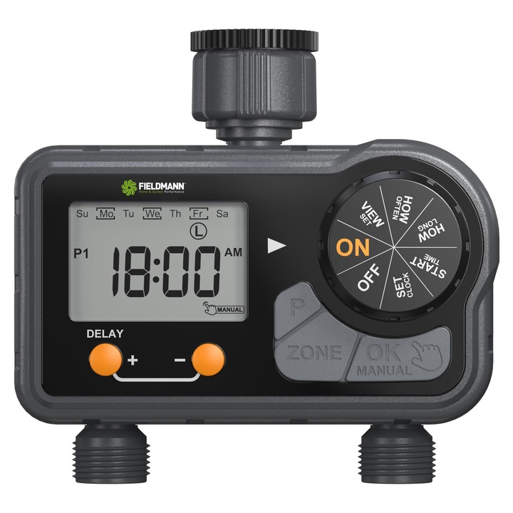 Fieldmann FZH 2025 Öntözési időzítő 0, 5-8 bar üzemi nyomás, 5-35 l/min áramlás, LCD kijelző