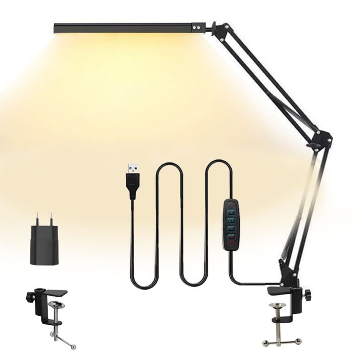 Lampa Led Cu Brat Flexibil Si Stativ, Unloshe, brat cu balansoar cu clema, inaltime reglabila, 3 moduri de iluminare, 10 niveluri de intensitate, echipamente de protectie a ochilor, 300 lumeni, 14V putere de inalta eficienta, Negru