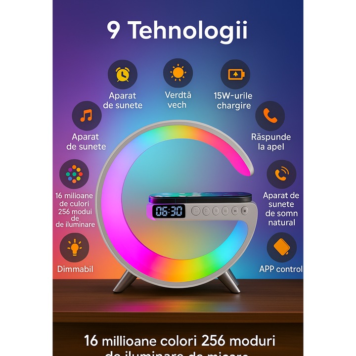 Lampa LED smart RGB cu ceas, Brivoo®, alarma, difuzor Bluetooth, incarcare wireless si control prin aplicatie – design modern in forma de C