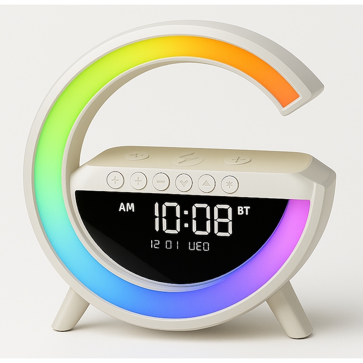 Lampa LED smart RGB cu ceas, Brivoo®, alarma, difuzor Bluetooth, incarcare wireless si control prin aplicatie – design modern in forma de C