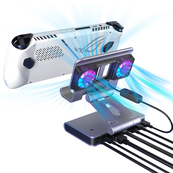 Statie de andocare pentru gaming, Rqiurpn, 6 in 1, HDMI 4K@60Hz, Ethernet 1000Mbps, 3 USB-A 3.0, suport ajustabil, aplicabilitate Steam Deck si ROG Ally, gri inchis