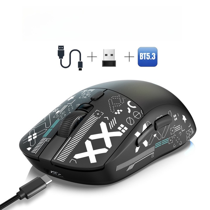 Mouse gaming wireless HXSJ T90, 3 moduri, iluminare RGB, 6 butoane, 12.5x6.3x4.1cm