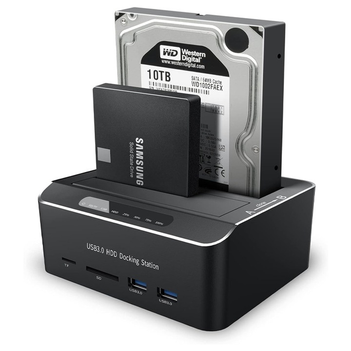 Statie de andocare Hard disk dubla, Rqiurpn, USB 3.0, Rack compatibil SATA HDD/SSD 2.5"/3.5", Docking Station 4 In 1 cu functia clonare offline, cititor carduri SD/TF, Neagra