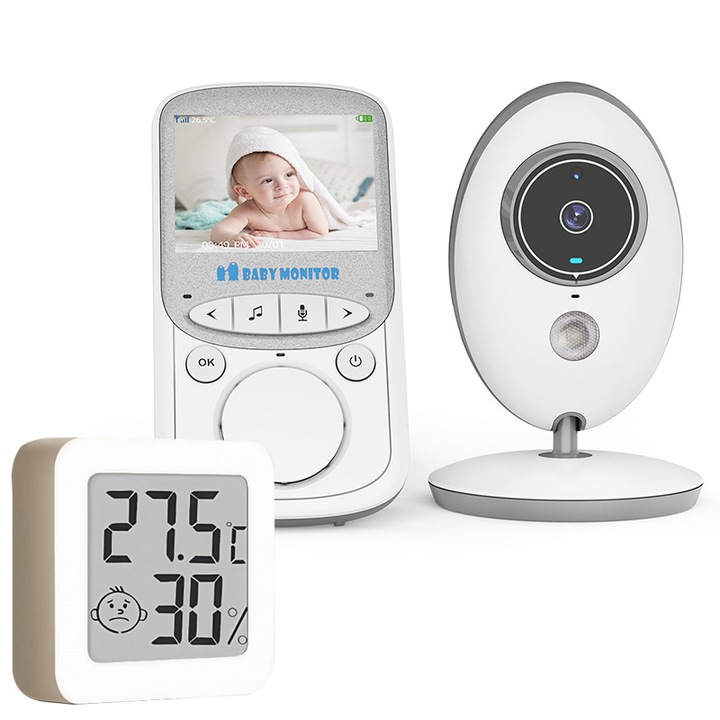 Monitor pentru bebelusi, Fudisenn®, ecran de 2,4 inchi, multifunctie cu vedere pe timp de noapte, cantec de leagan incorporat, raza de actiune de 300 de metri, sunet bidirectional, mod VOX, termometru electronic gratuit, alb