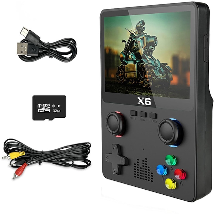 Consola Gaming portabila, Rqiurpn, Design cu doua butoane, Ecran 3.5 inch de inalta rezolutie, 32GB, Multiplayer Wireless, Iesire Video/Audio, Design Compact si Performanta Maxima, joystick dual, Negru