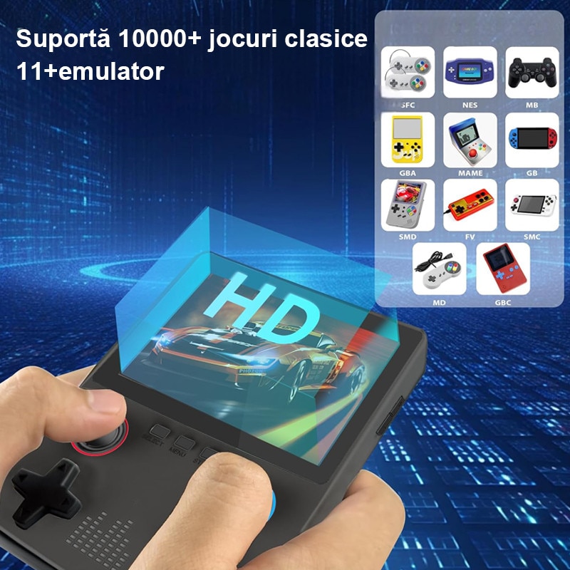 Consola Gaming portabila, Rqiurpn, Design cu doua butoane, Ecran 3.5 inch de inalta rezolutie, 32GB, Multiplayer Wireless, Iesire Video/Audio, Design Compact si Performanta Maxima, joystick dual, Negru