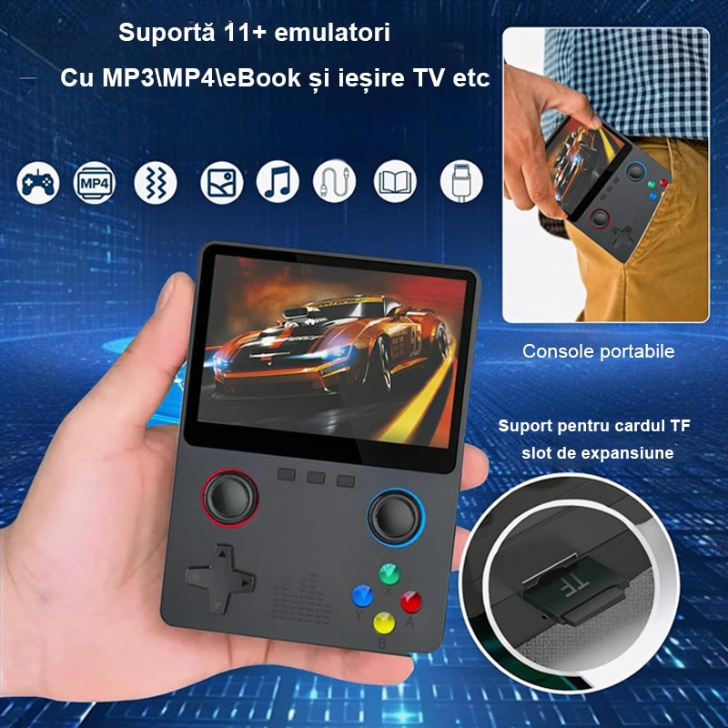 Consola Gaming portabila, Rqiurpn, Design cu doua butoane, Ecran 3.5 inch de inalta rezolutie, 32GB, Multiplayer Wireless, Iesire Video/Audio, Design Compact si Performanta Maxima, joystick dual, Negru