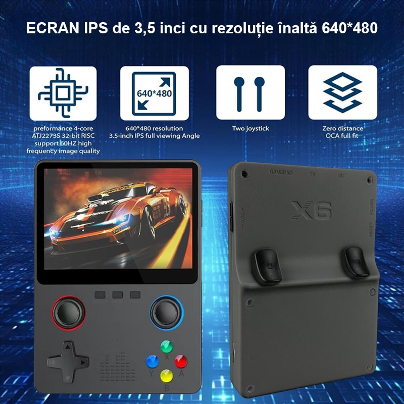 Consola Gaming portabila, Rqiurpn, Design cu doua butoane, Ecran 3.5 inch de inalta rezolutie, 32GB, Multiplayer Wireless, Iesire Video/Audio, Design Compact si Performanta Maxima, joystick dual, Negru