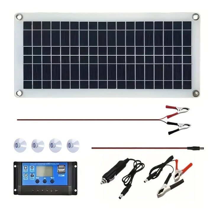 Kit panou solar panou 540X280 SkyTechs® panou policristalin 50W incarcator 30A interfata USB pentru autorulota, camping, drumetii, incarcare si stocare 5V 12V 18V
