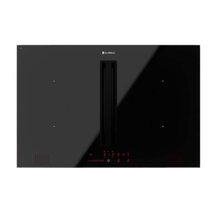 Индукционен котлон за вграждане с вграден аспиратор GLOBALO Plantis 80.1 Black/ Black, аспиратор 638 mc/h, 80см, 4 зони за готвене, Функция за комбиниране на зони, Клас A++, 9 нива на мощност, Touch Control, Таймер Заключване за деца
