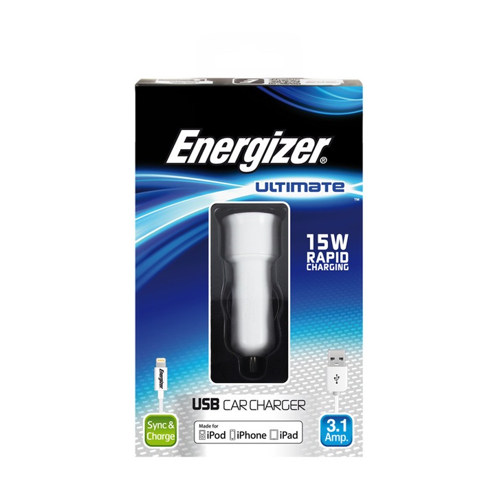Зарядно устройство за кола ENERGIZER с Lightning кабел, 2xUSB, 3.1A, Бяло