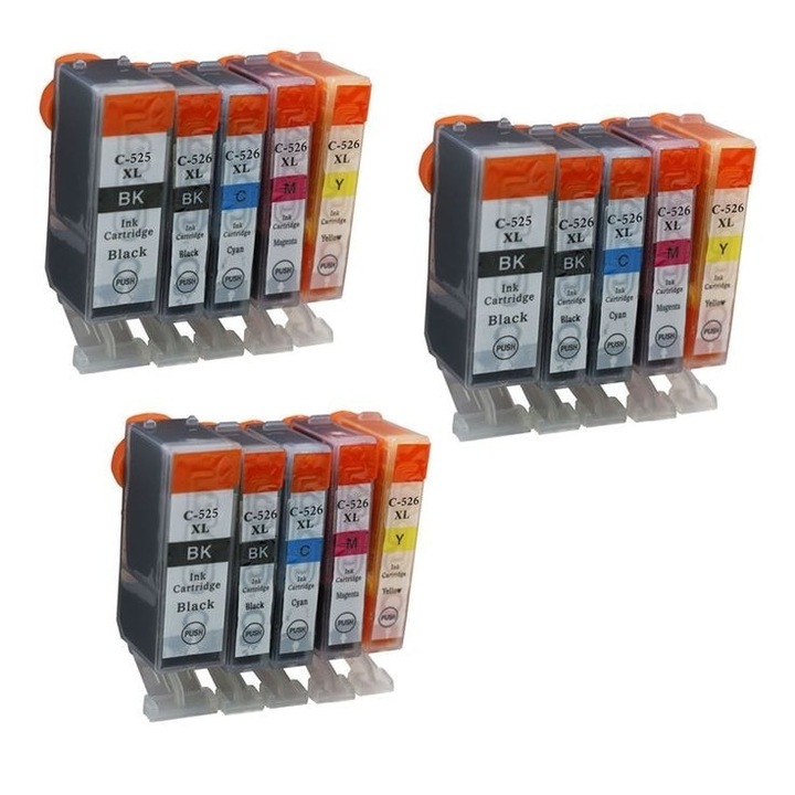 525XL Set 15 cartuse Compatibile PGI-525XL / 526XL Canon PIXMA MG5350 / Canon PIXMA MG6150 / Canon PIXMA MG6250 (6xBK, 3xC, 3XM, 3xY)