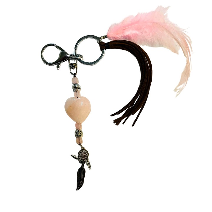 Breloc Inima Rose Quartz cu Pandantive, Pana Roz si Franjuri Piele, CrystalTears