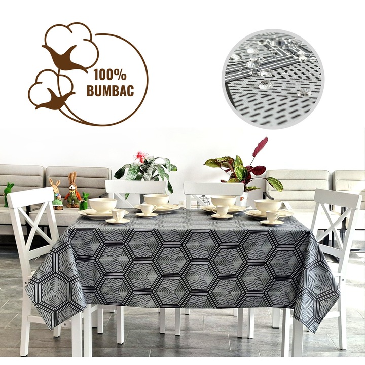 Foltosodásgátló terítő 100% pamut 120x160 cm, hatszög fekete