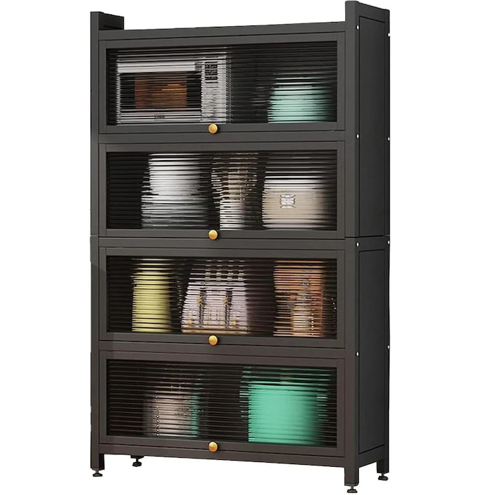 Dulap elegant pentru bucatarie, 4 rafturi, otel inoxidabil, usa cu geam cu deschidere verticala 80x32x144cm, Negru