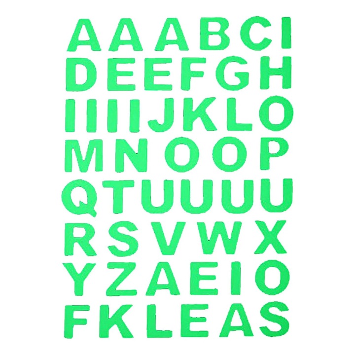 Autocolante litere alfabet englezesc fosforescente ZYBLSSBB LSM2xh10722-BCS0014794, detasabile, material plastic/hartie metalizata, verde, 1 buc
