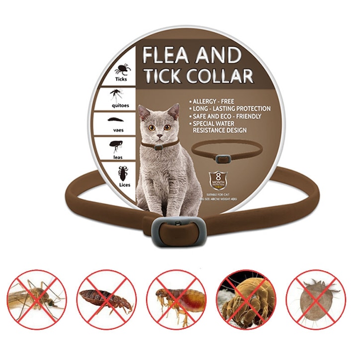 Zgarda Antiparazitara Bio Fudisenn®, Uleiuri Esentiale Naturale, Protectie 8 Luni, Impermeabila, Ajustabila, Cutie Metalica, Maro, 48cm pentru Pisici