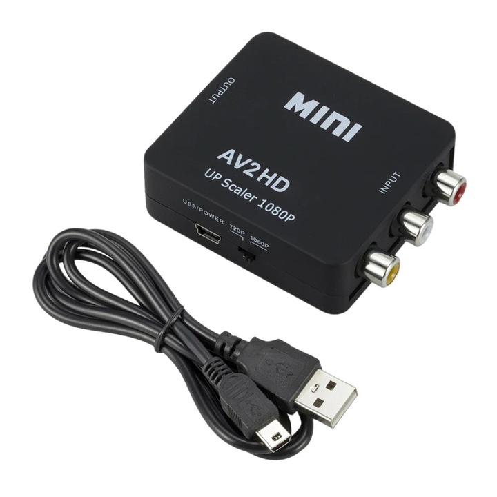 AV - HDMI adapter, 1080P, fekete, méretek 60x54x20mm