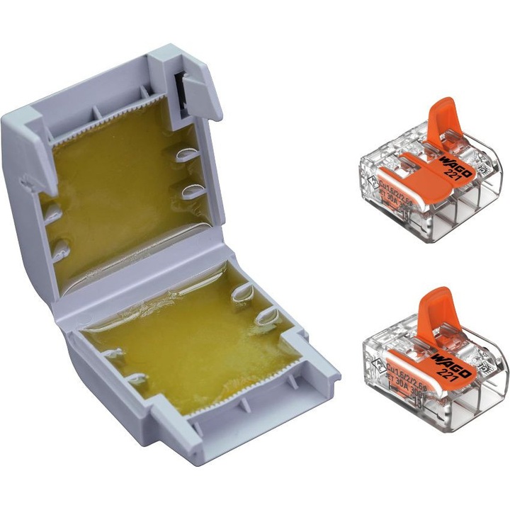WAGO Gelbox 207-1431 cutie derivatie cu gel pentru conectori seria 221 max. 6 mm2 IPX8 gri, 1 Wago 221-612, 1 Wago 221-613