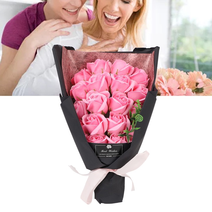 Műrózsa csokor, Jormftte, 18 darab, műanyag, rózsaszín