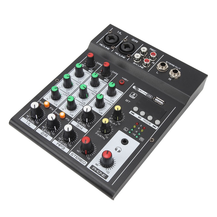 Миксиращ пулт, 4-канален, Метален, Функция за USB запис, BT свързаност, 100-240V