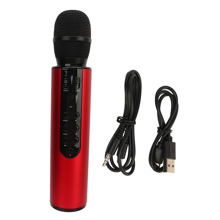 Microfon wireless cu condensator, karaoke portabil, conexiune Bluetooth, rosu