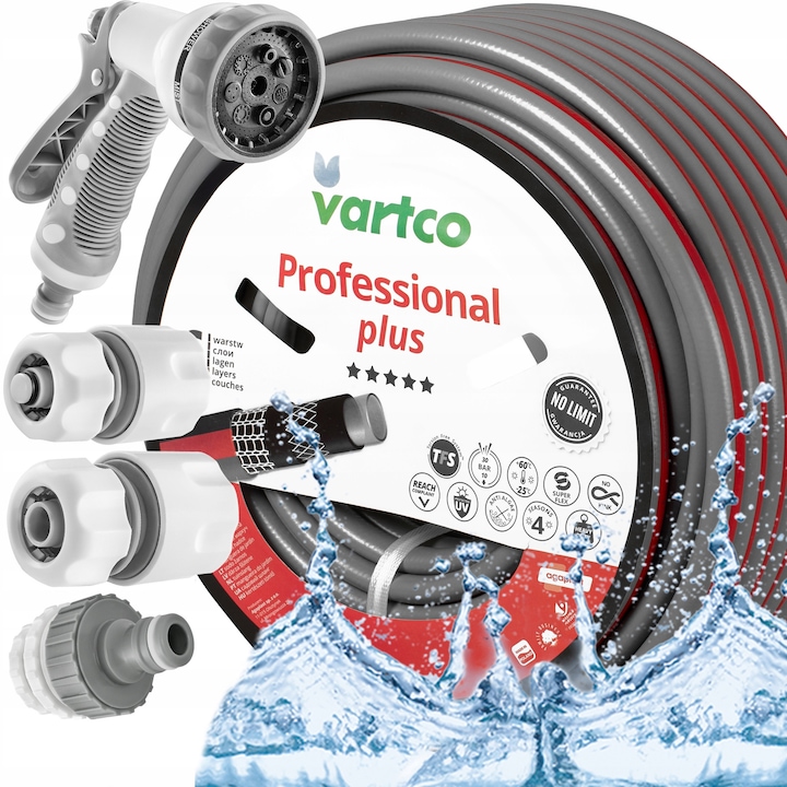 Комплект градински маркуч Vartco Professional Plus, 50 м, 1/2", 6 слоя, 3 фитинга, пистолет UltraStrong, червен