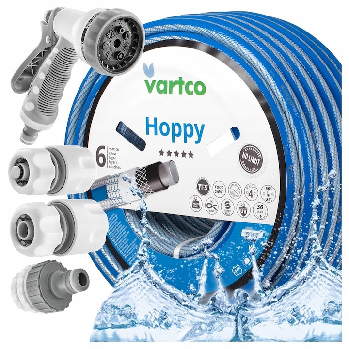 Комплект маркуч Vartco Hoppy Garden, 50 м, 1/2", 6 слоя, 3 фитинга, пистолет за пръскане UltraStrong, син