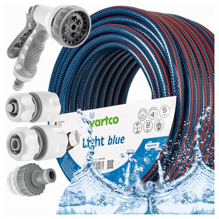 Комплект градински маркуч Vartco Light Blue, 50 м, 1/2", 4 слоя, 3 фитинга, пистолет за пръскане UltraStrong, син