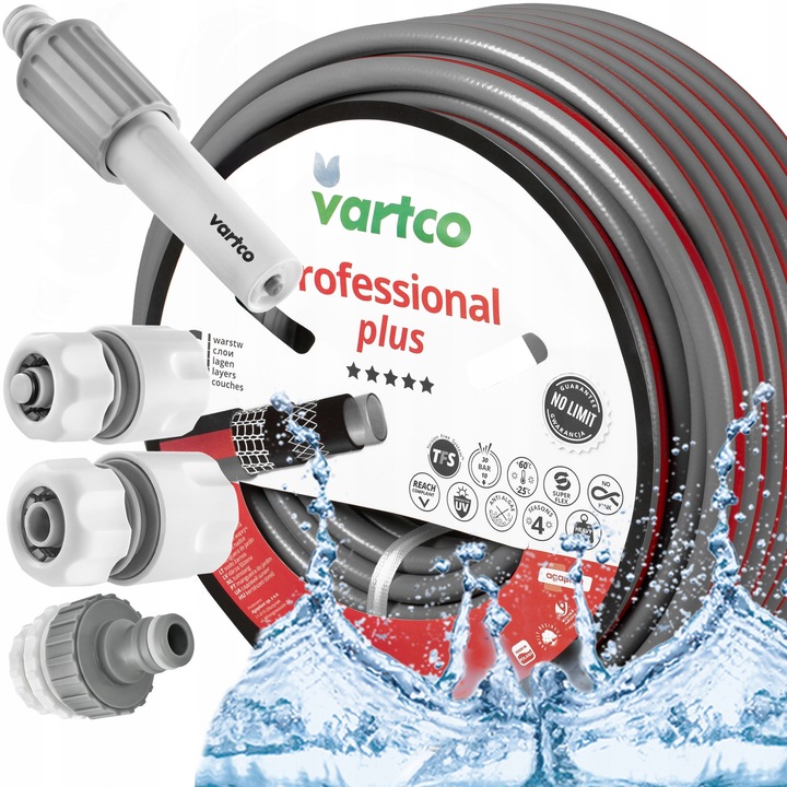 Комплект градински маркуч Vartco Professional Plus, 30 м, 3/4", 6 слоя, 3 фитинга, пистолет UltraStrong, червен