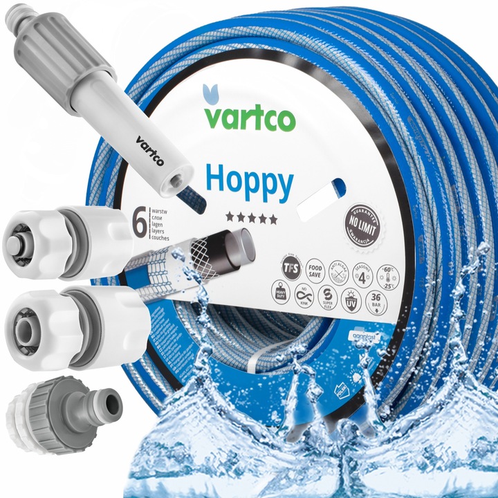 Комплект маркуч Vartco Hoppy Garden, 50 м, 3/4", 6 слоя, 3 фитинга, пистолет за пръскане UltraStrong, син