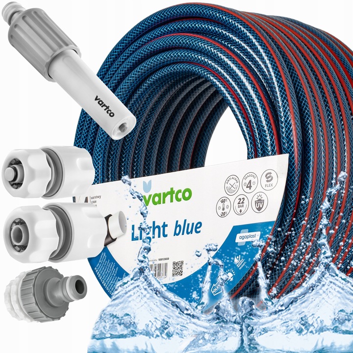 Комплект градински маркуч Vartco Light Blue, 50 м, 3/4", 4 слоя, 3 фитинга, пистолет за пръскане UltraStrong, син