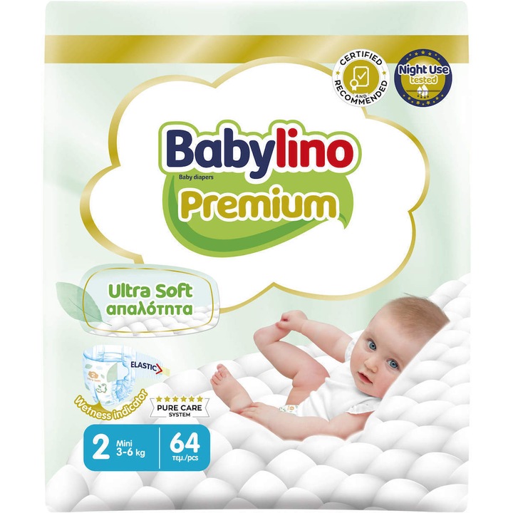 Scutece Babylino Premium No 2, 3-6 kg, 64 bucati, protectie 3D, confort elastic