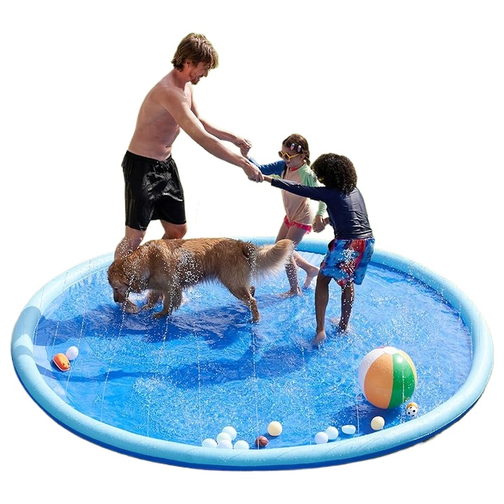 Детски воден басейн Pentaru - неплъзгащ се, външно удебелен, с разпръсквач, издръжлив, лятно забавление, диаметър 150 см, син, кръгъл, надуваем