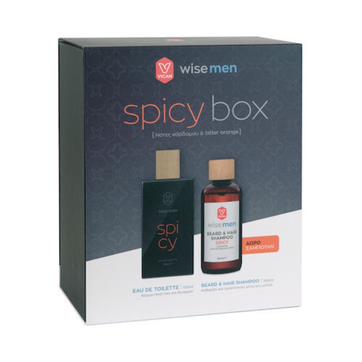 Set parfum si sampon pentru barbati, Vican, Eau de Toilette 100ml, sampon pentru barba si par 200ml, note de cardamom si portocala amara