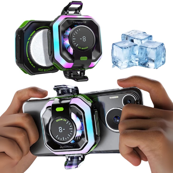 Cooler Magnetic Telefon FAVsmart® HK5 PRO cu AI, Racire Instant, Display Digital, RGB, USB-C, Prindere Universala, Tehnologie Semiconductor, Varianta Avansata pentru Gaming si Supraincalzire, Negru Multicolor