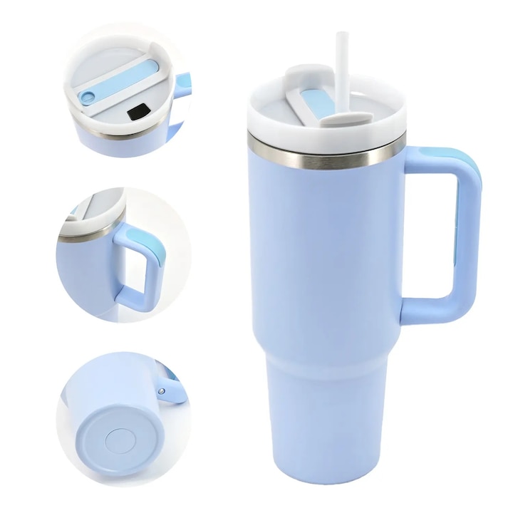 Термос чаша от неръждаема стомана със сламка, двойна стена – 1183 мл светло лазурна