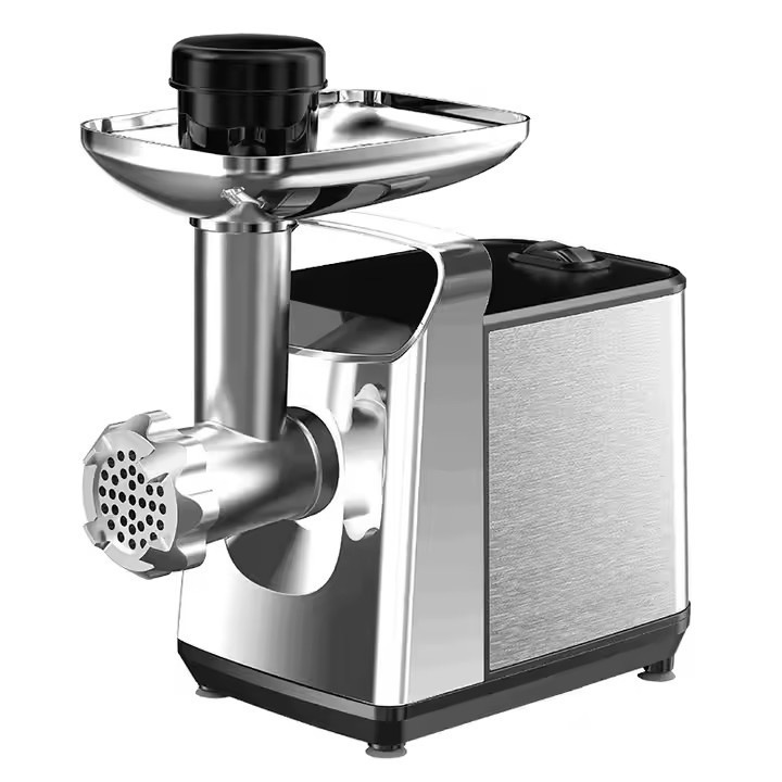 Месомелачка, 3000 W, капацитет 3 кг/мин, устойчив меден мотор, 3 сменяеми сита, аксесоар за правене на колбаси, тава за храна, здрав сребрист дизайн, 35x16x30 cm