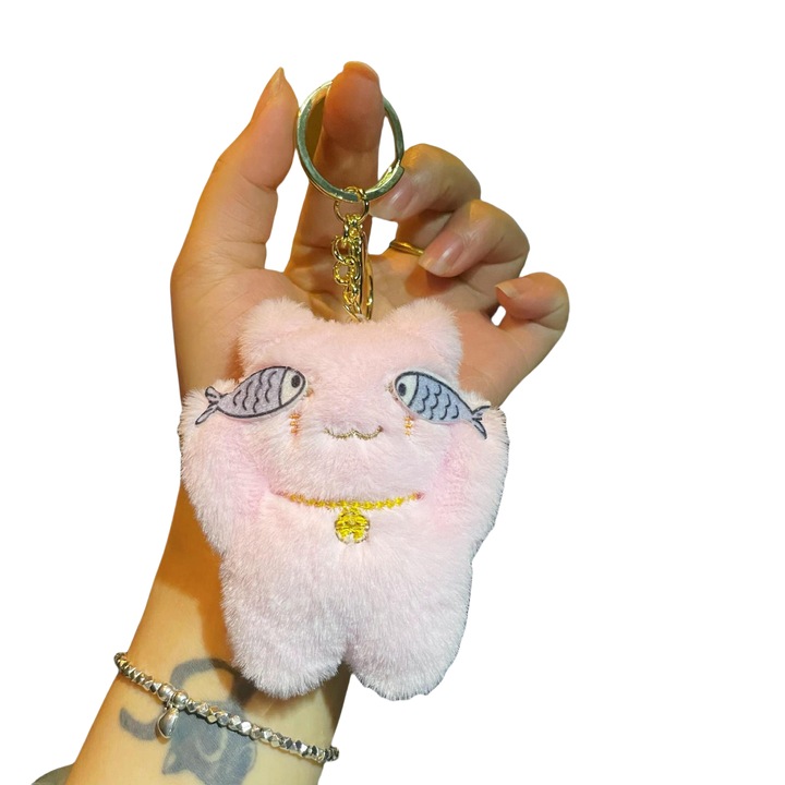 Breloc pisica de plus, ornament dragut pentru geanta de papusa, roz, 7 x 4CM