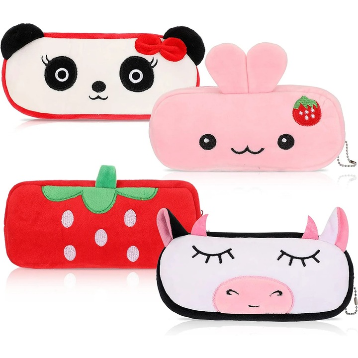 Комплект от 4 сладки моливници с животни, панда, крава, ягодов заек, 20x10 см