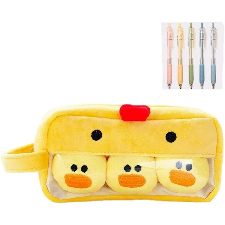 Моливник Kawaii, японски дизайн, голям капацитет, плюшен материал, жълт, комплект от 5 химикалки