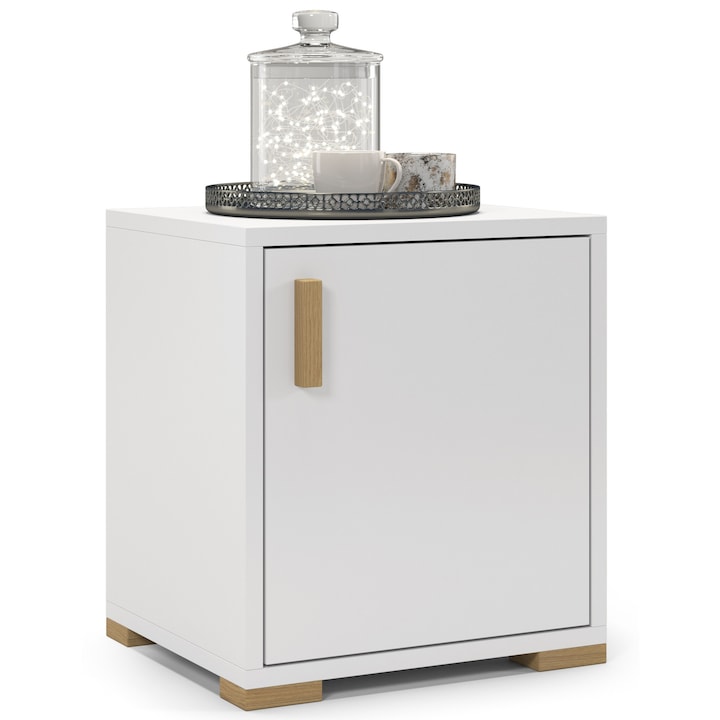 Noptiera Alba cu 2 Rafturi, Deschidere pe Partea Dreapta, Picioare din Lemn, Maner Modern, 40x45x35 cm