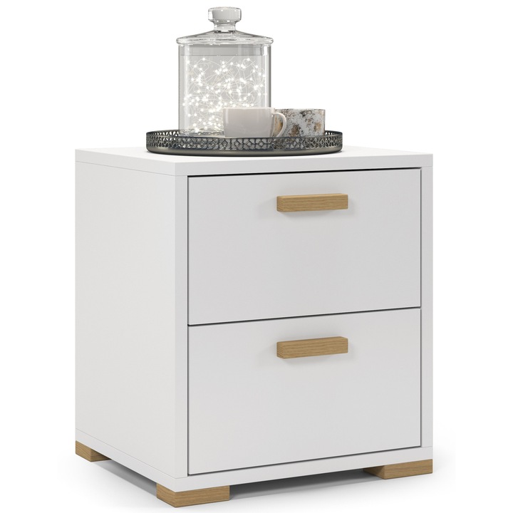 Noptiera Alba, 40x45x35 cm, Cu 2 Sertare, Picioare din Lemn, Stil Modern si Clasic
